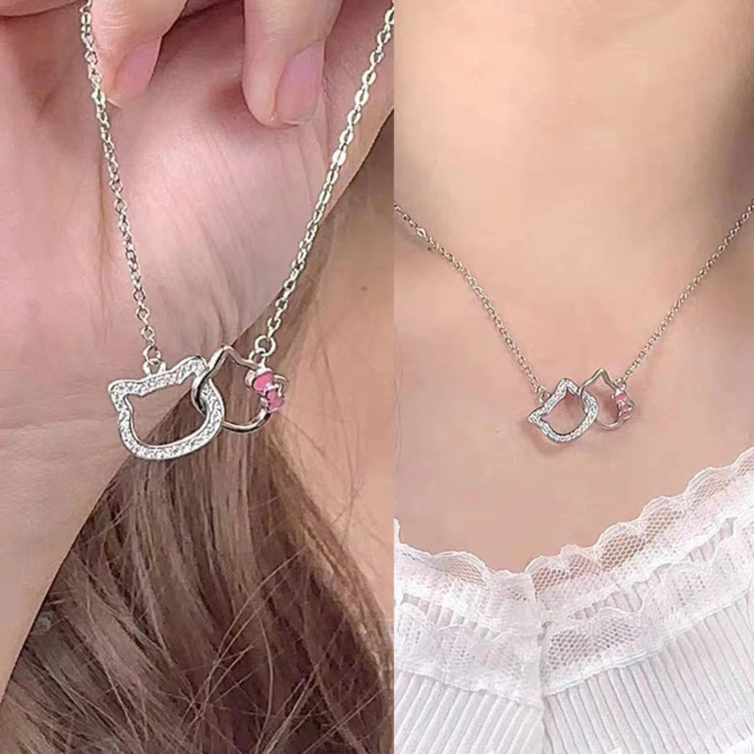 Cute Interlocking Kitty Necklaces Good Luck Cat Chain Necklace