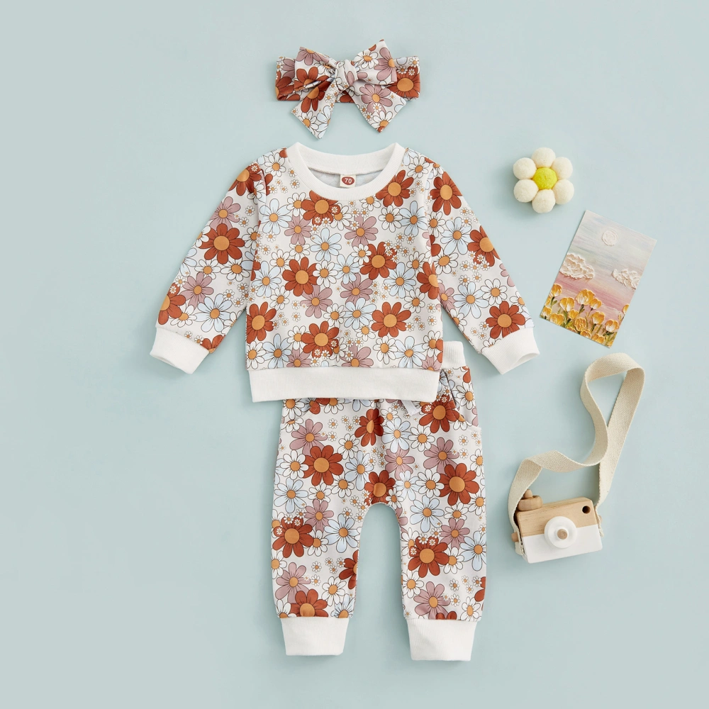 Baby Girl Long Sleeve Flower Print Pullover + Trousers + Headband