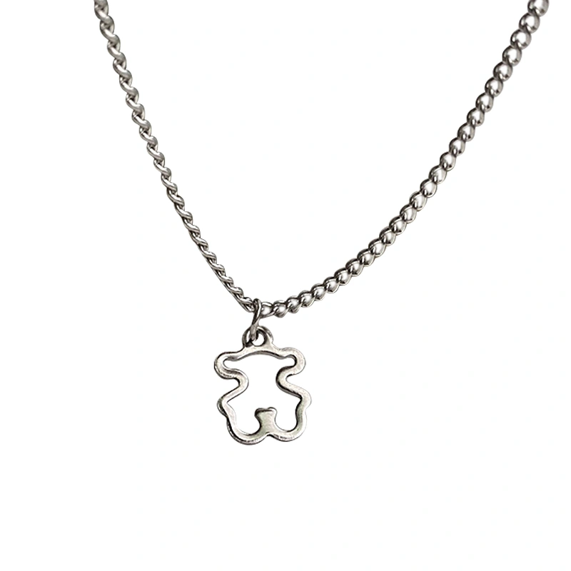 Women/Men Necklace, Hollow-Out Bear Pendant Water Wave Chain Necklace