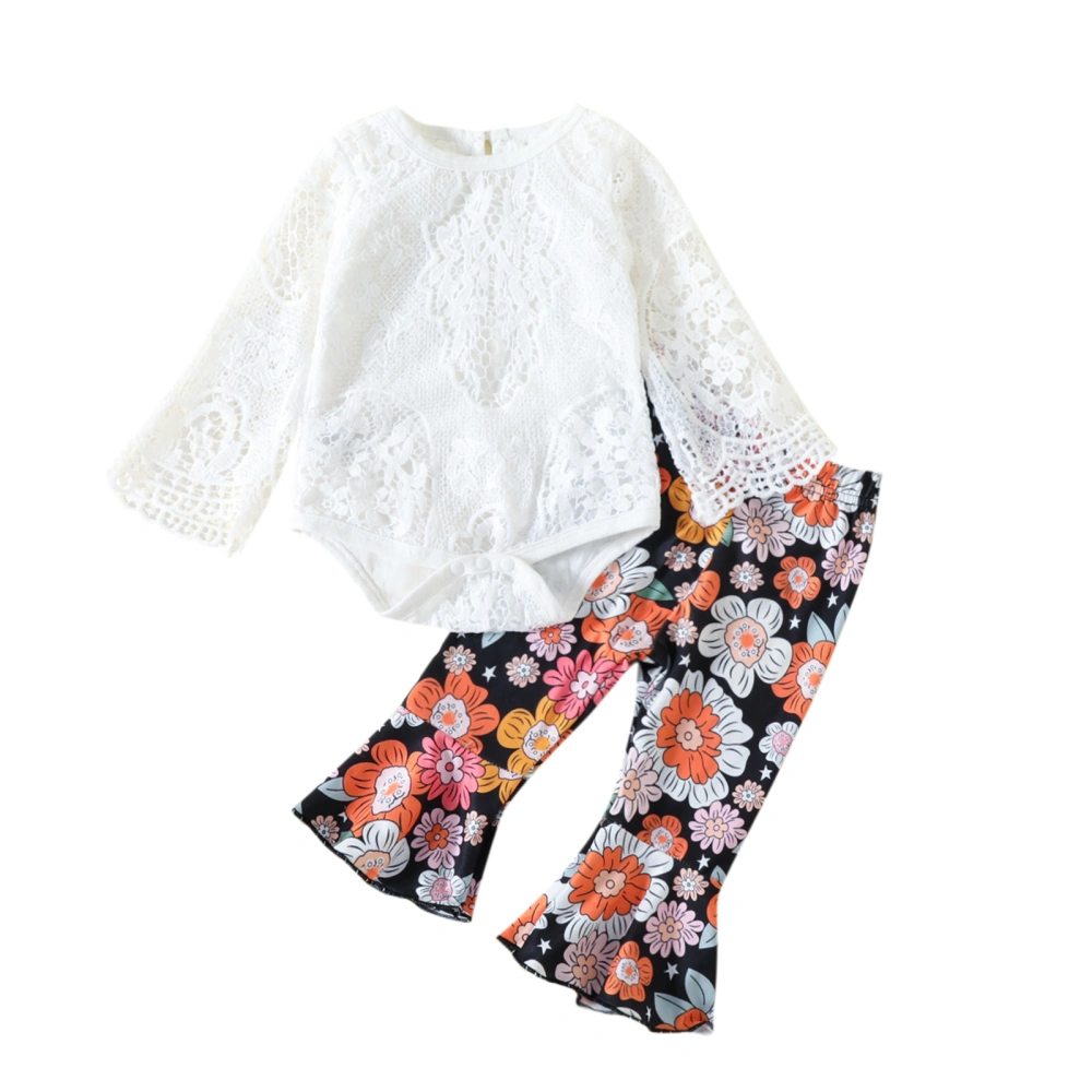 Baby Girls Lace Buttons Romper Shirt + Floral Bell-Bottoms Trousers