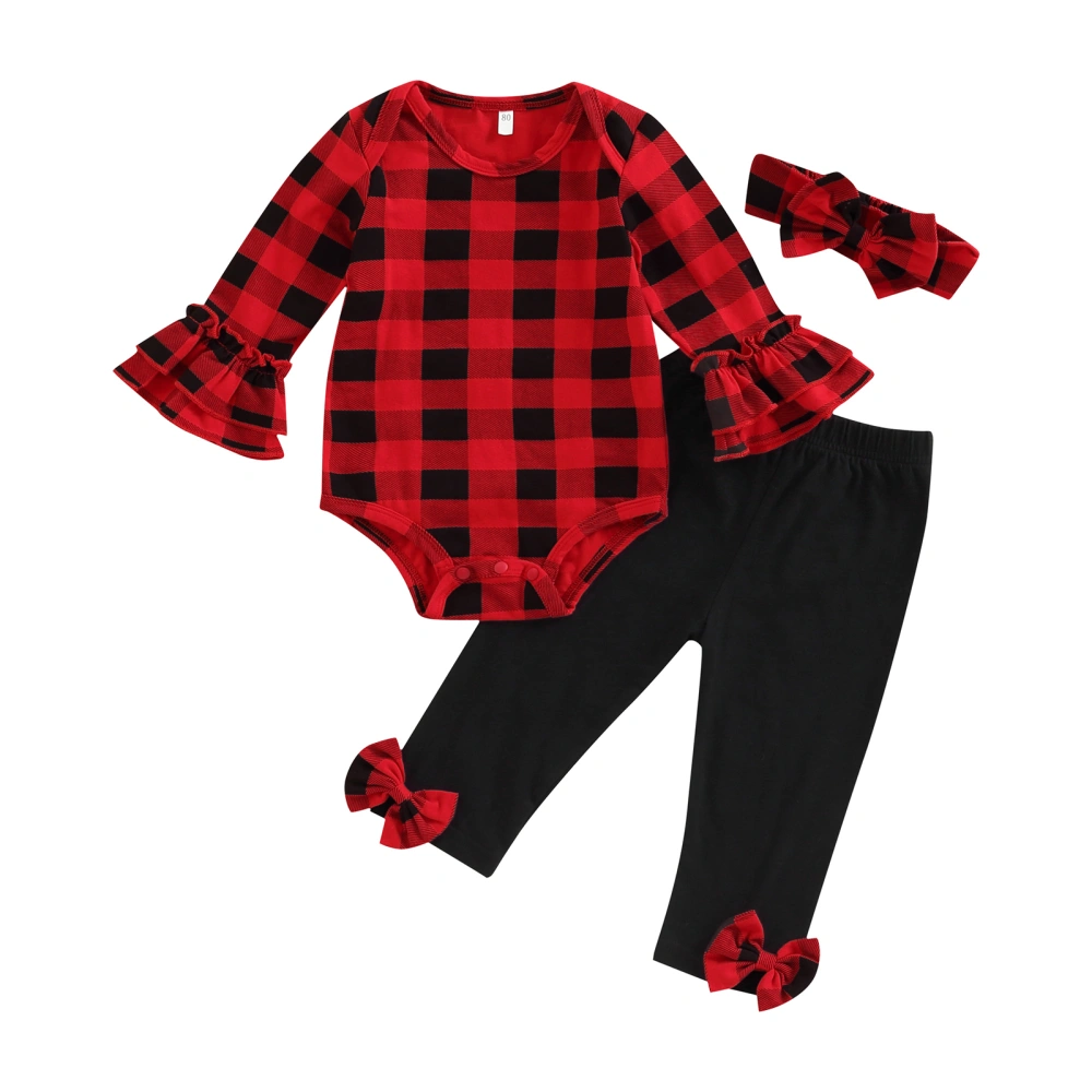 Baby Girls Christmas Jumpsuits Set Plaid Romper and Pants Headband