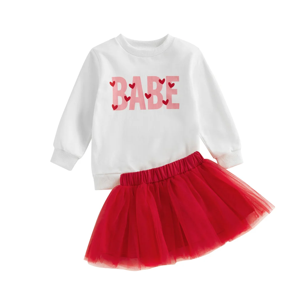 Baby Girls Skirt Set, Long Sleeve Letters Sweatshirt + Tulle Skirt