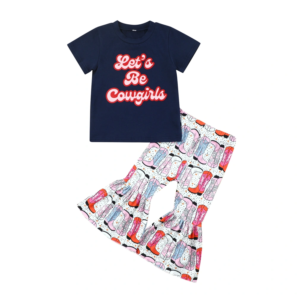 Girl Two Piece, Round Neck Short Sleeve Lettering Elastic Flared Pants