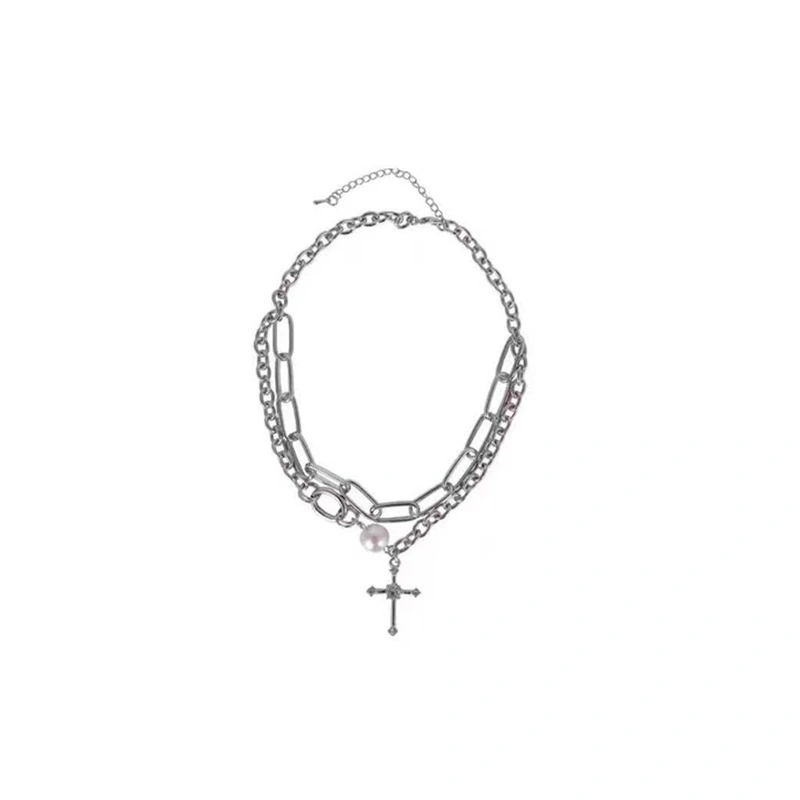 Women Alloy Necklace with Double Structure, Cross Rhinestone Jewelry