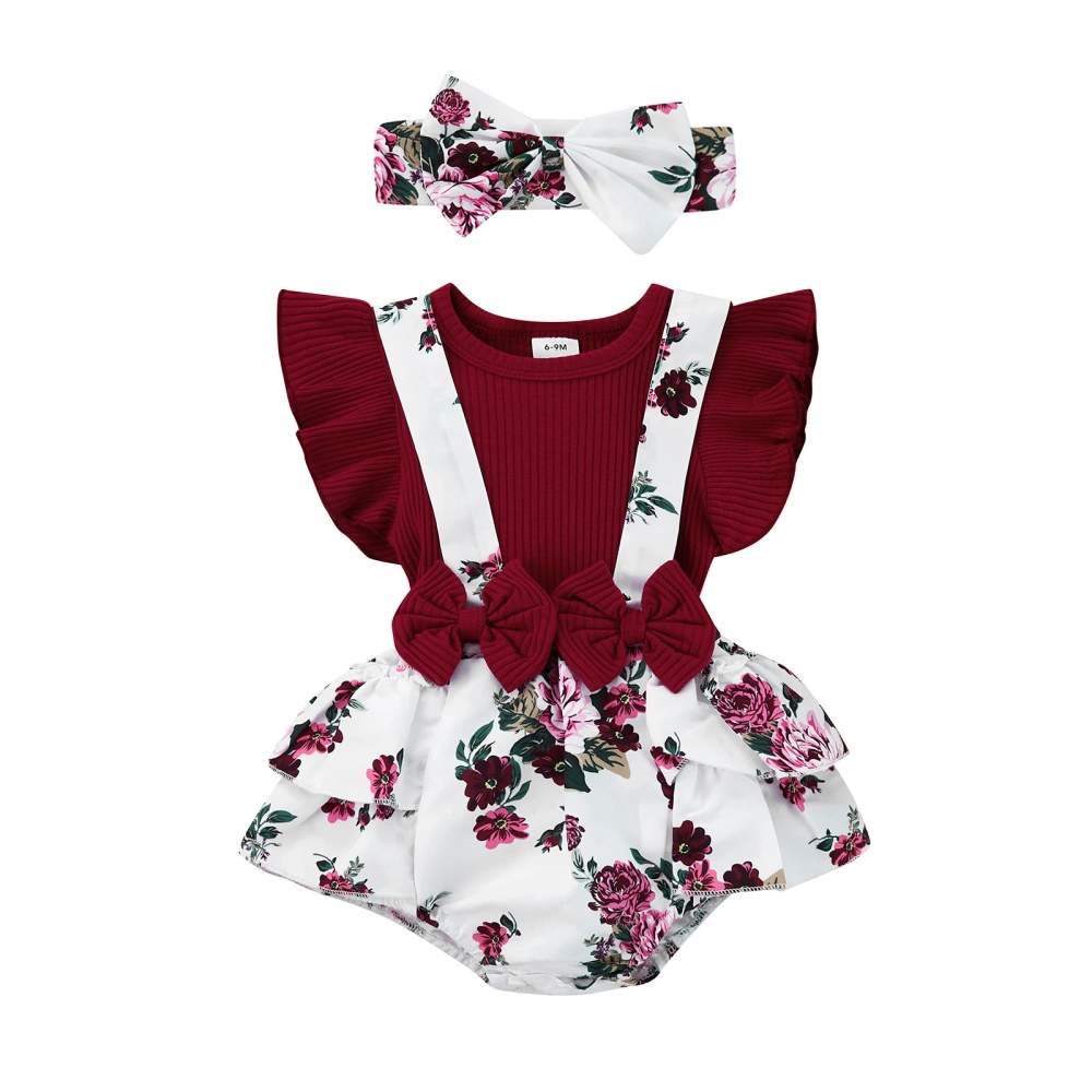 Baby Girl Romper Fly Sleeve Round Neck Ruffle Jumpsuit+Head Band  