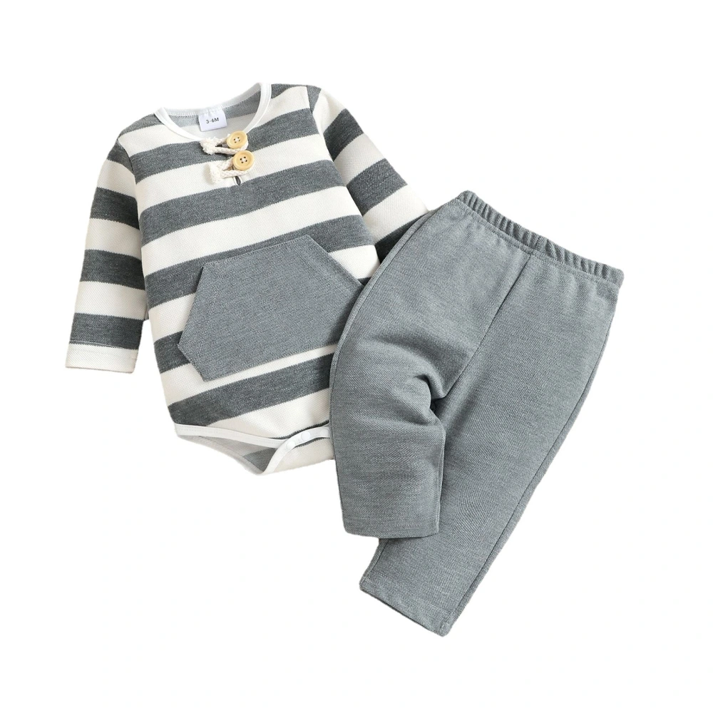 Infant Baby 2Pcs Fall Outfits, Front Pocket Striped Romper + Pants Set