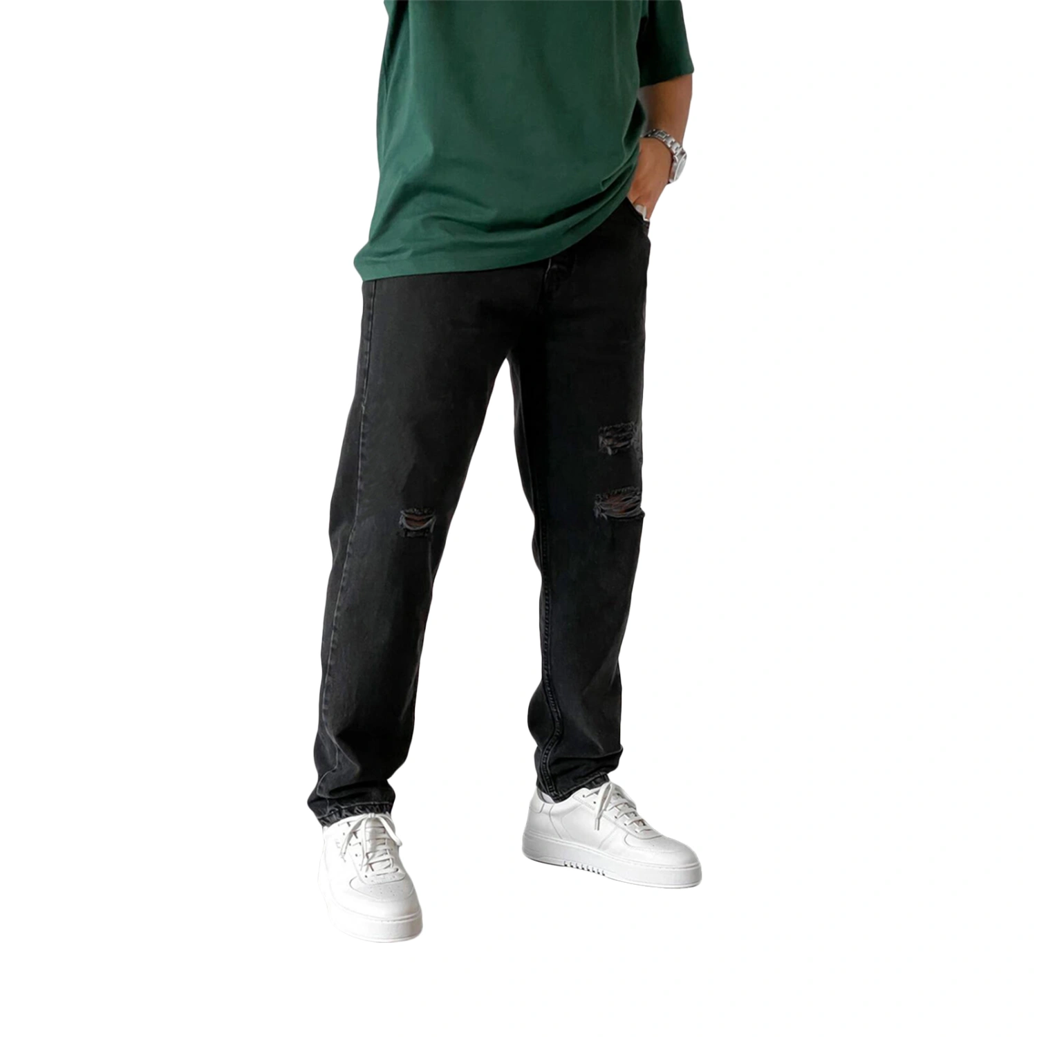 Men Ripped Straight-leg Jeans, Solid Color Denim Pants with Pockets