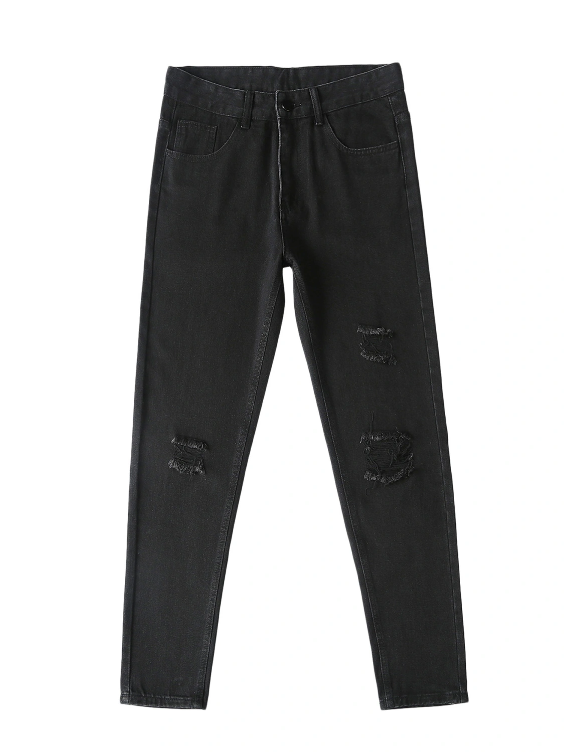 Men Ripped Straight-leg Jeans, Solid Color Denim Pants with Pockets