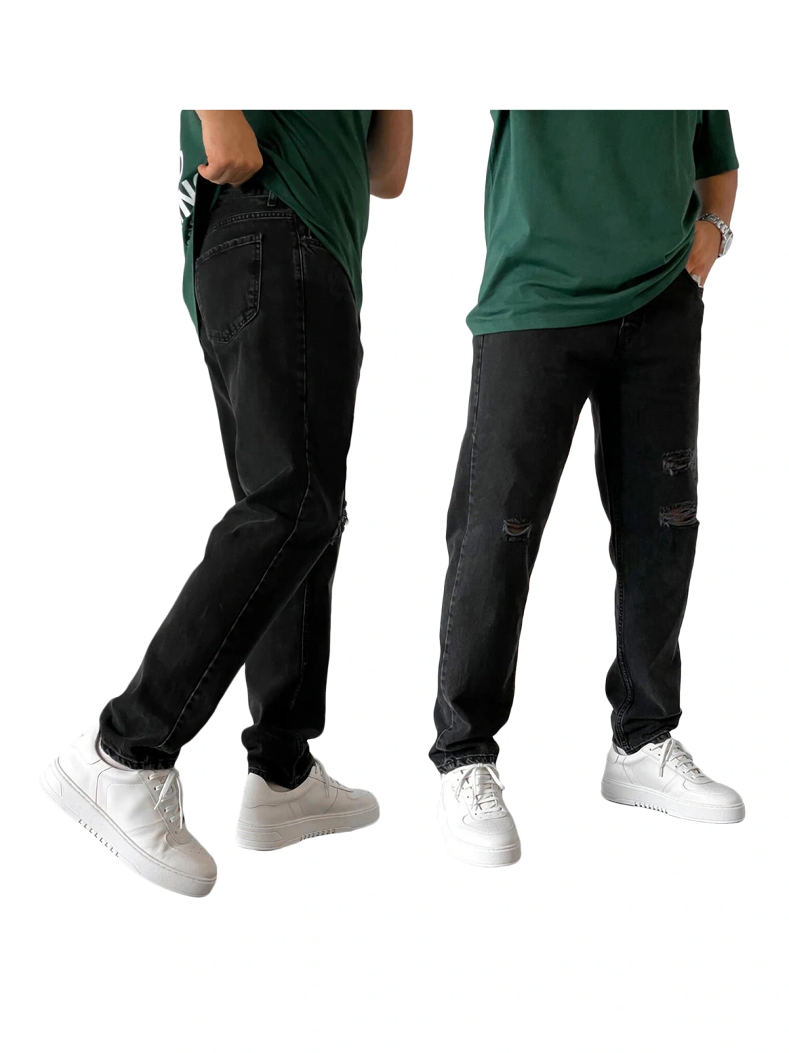 Men Ripped Straight-leg Jeans, Solid Color Denim Pants with Pockets