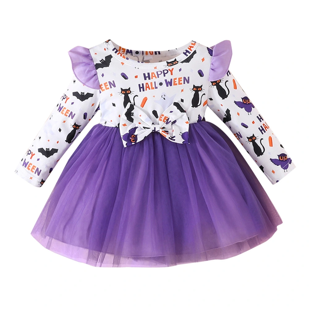 Kids Girls Halloween Dress Letter Bat/Pumpkin Print Princess Dress