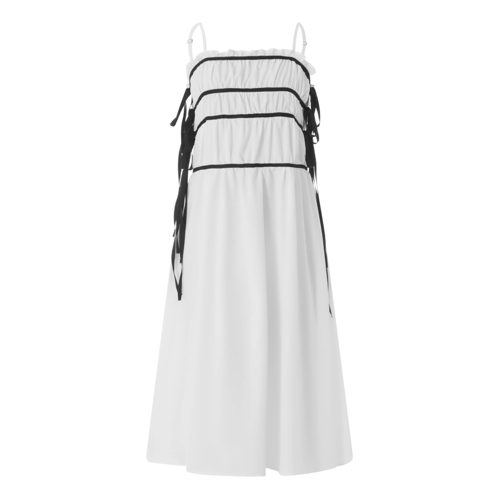 Women Slip Dress, Sleeveless Tie-up Pleated Loose Long Swing Dress