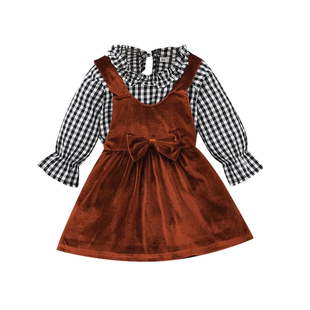 Kids Girl Autumn Outfit Plaid Long Sleeves Tops and Overalls Dress Set