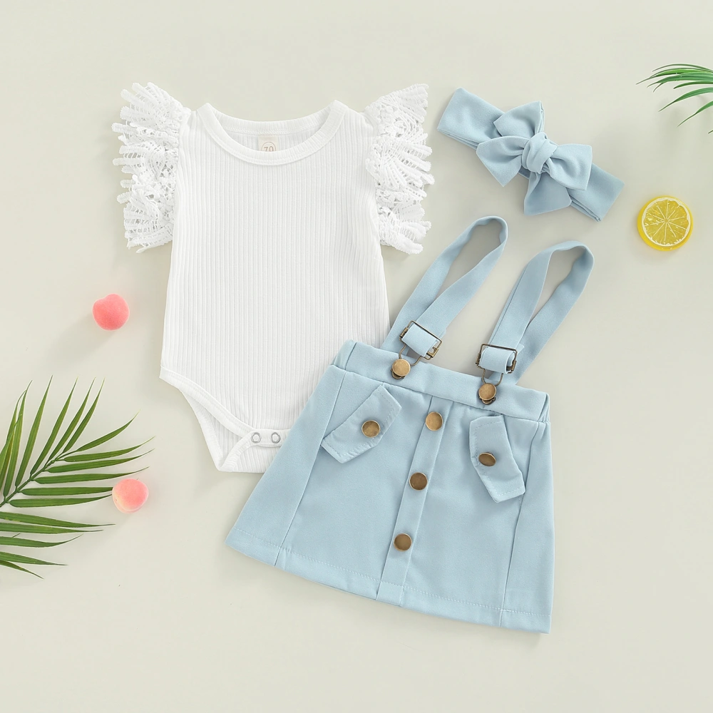 Infant Girl Outfits, Round Neck Romper + Suspender Shorts + Headband