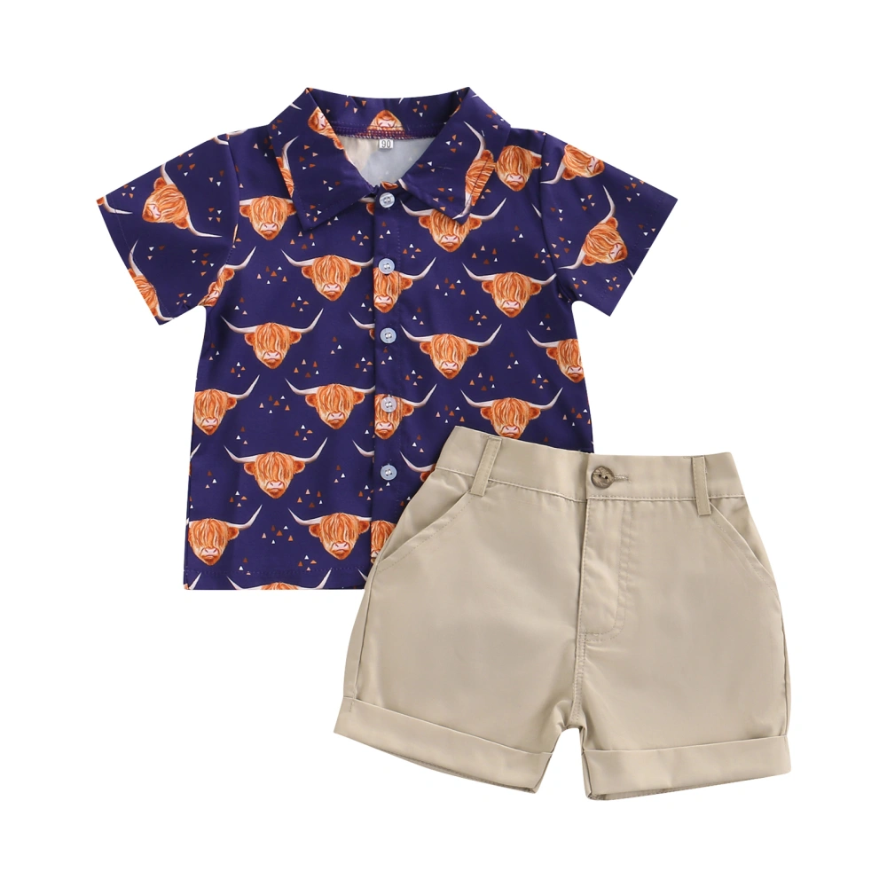 Kid Boys Shorts Set Short Sleeve Cow/Cow Head Print Shirt with Shorts 