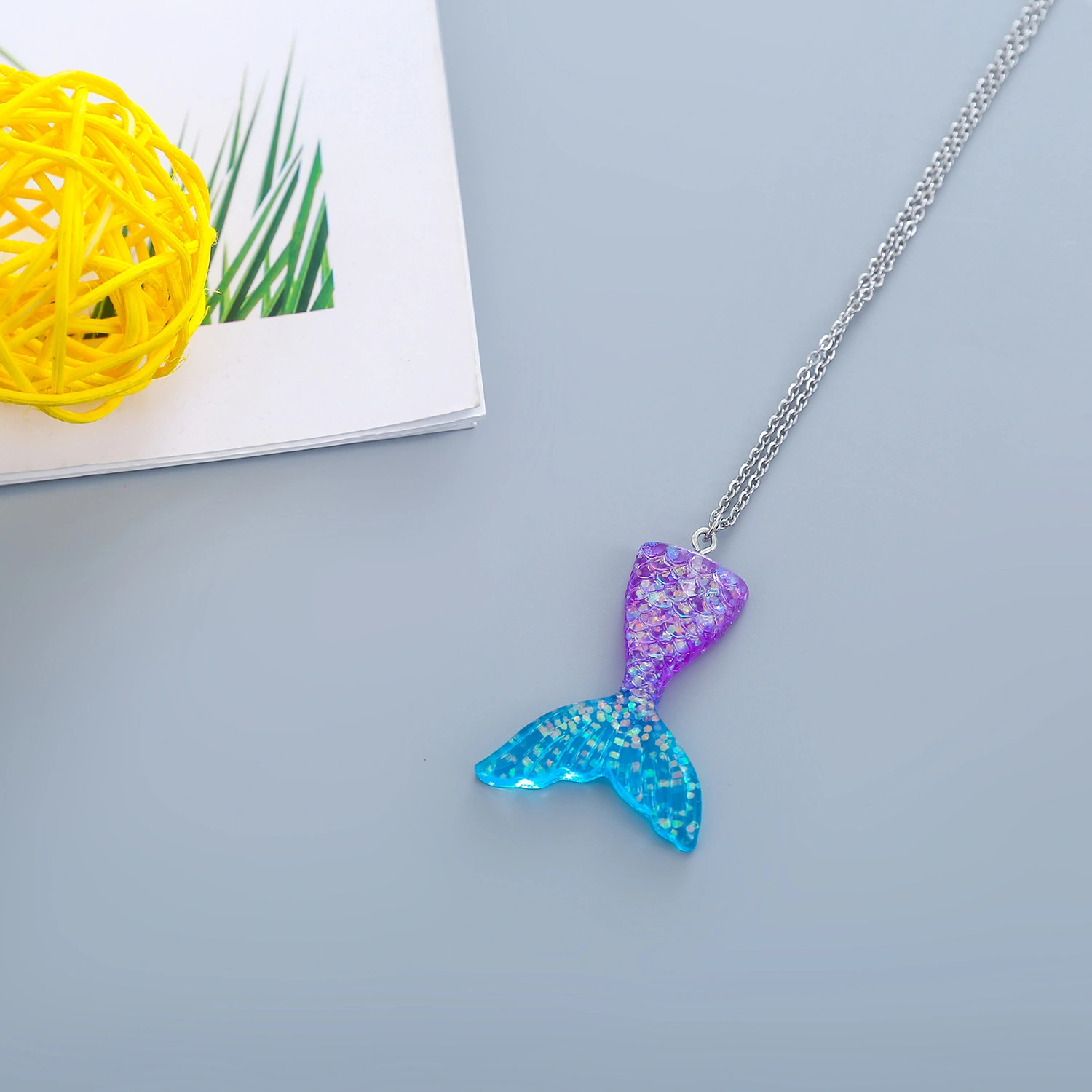 Women Mermaid Tail Pendant Necklace, Colorful Dazzling Neck Chain