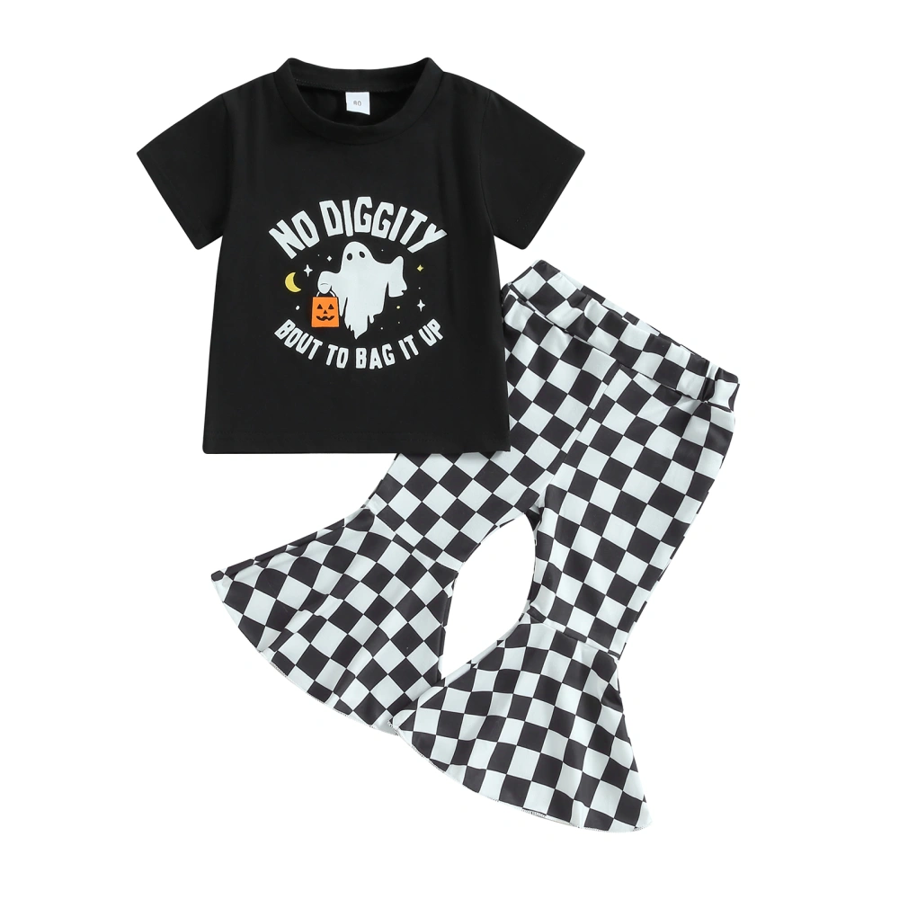 Halloween Girl Pants Set Letters Ghost Print T-shirt Plaid Flare Pants