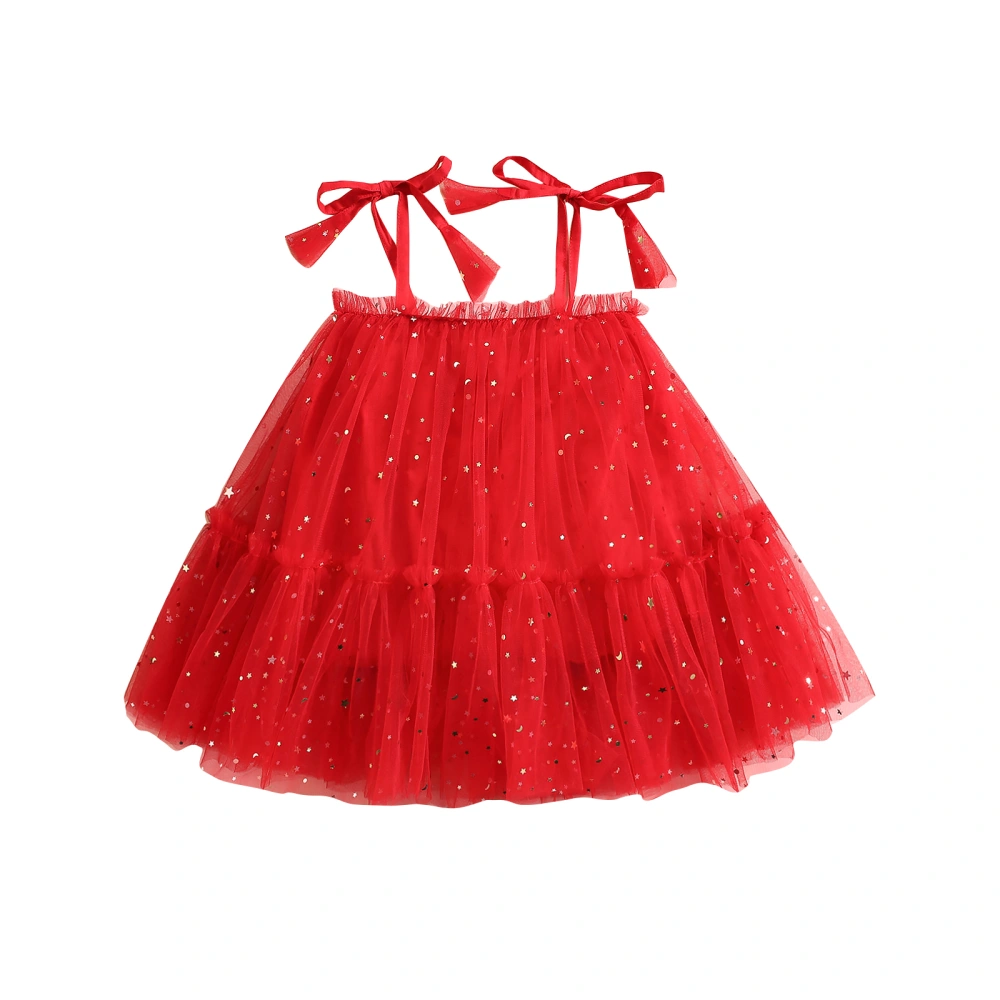 Kids Sequins/ Dots Print Sleeveless Tie-Up Ruffle A-Line Dress