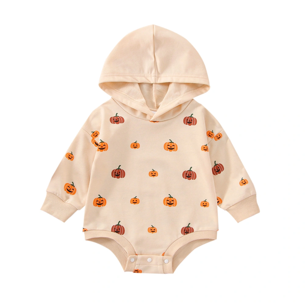 Baby Girl Boy Halloween Romper, Pumpkin Print Hooded Snaps Jumpsuit