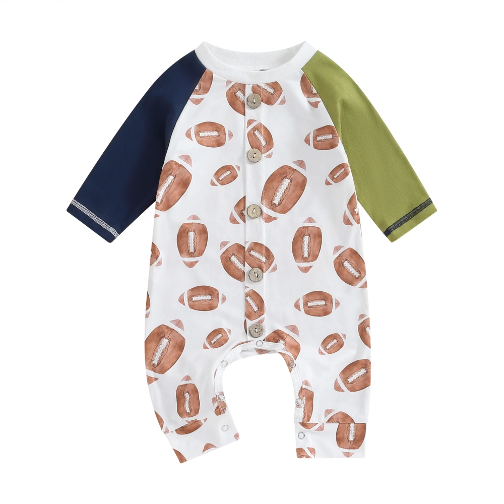 Baby Boy Button Romper Rugby Print Contrast Color Long Sleeve Jumpsuit