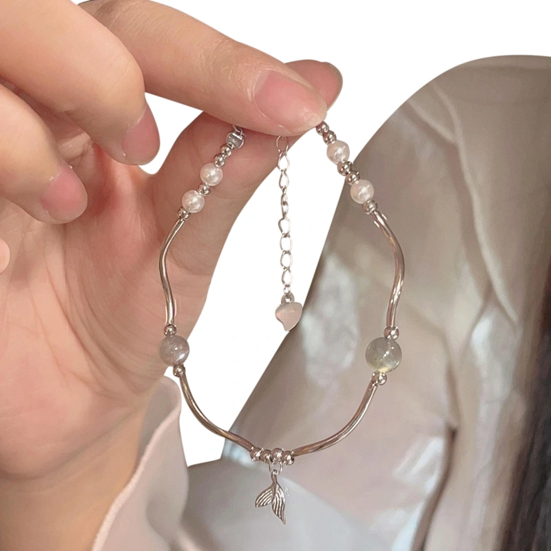 Women Simple Bracelet Dainty Pearl Bead Bracelet with Mermaid Tail