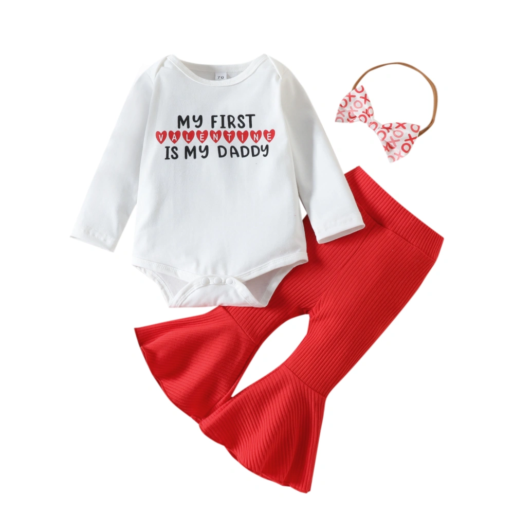 Girls Letter Print Long Sleeve Romper + Flare Pants + Bow Headband