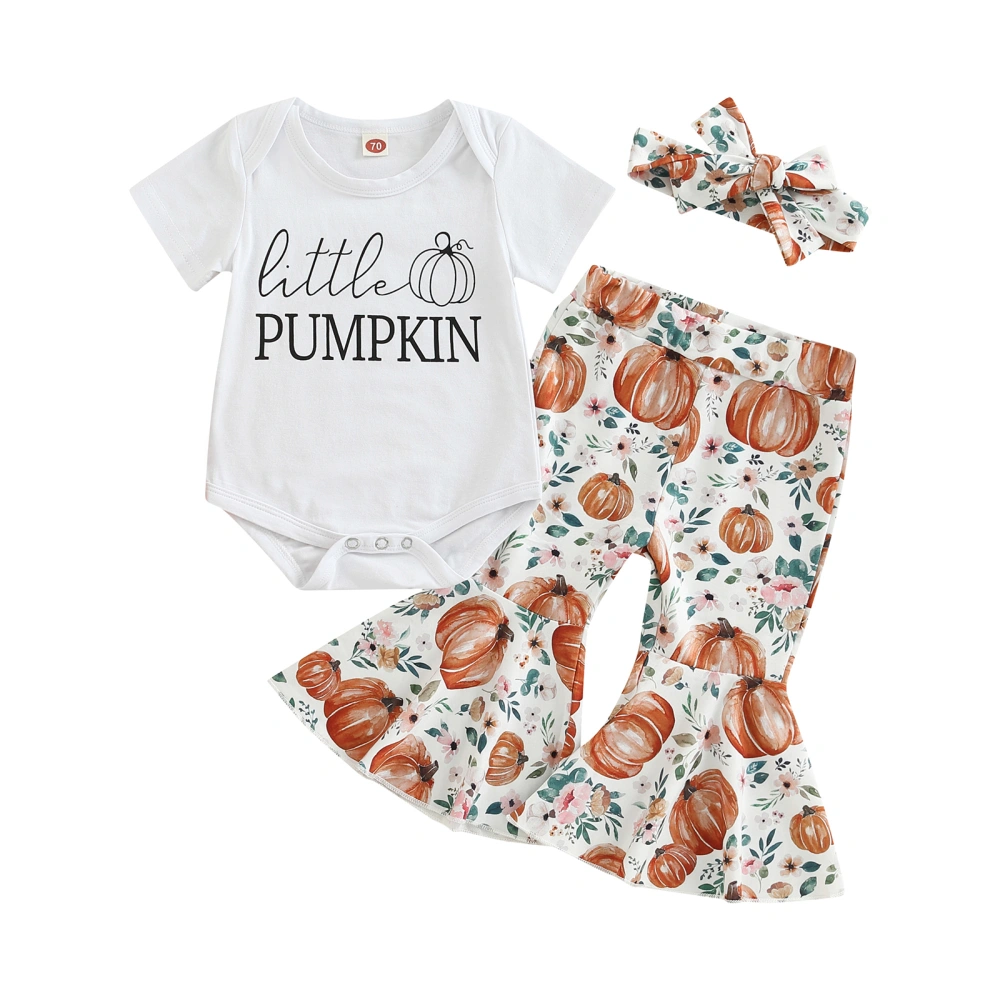 Infant 3 Pieces Outfit, Romper + Pumpkin Print Pants + Headband