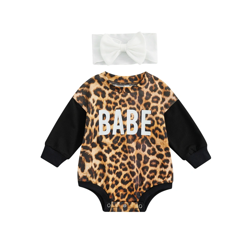 Infant Romper Letter Leopard Print Patchwork Long Sleeve Jumpsuit