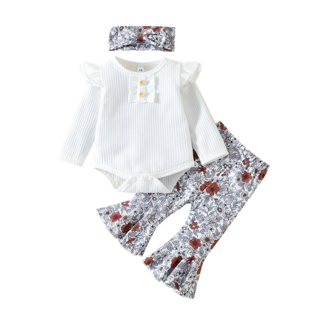 Baby Girls Pants Set, Romper + Flower Print Flare Pants + Headband