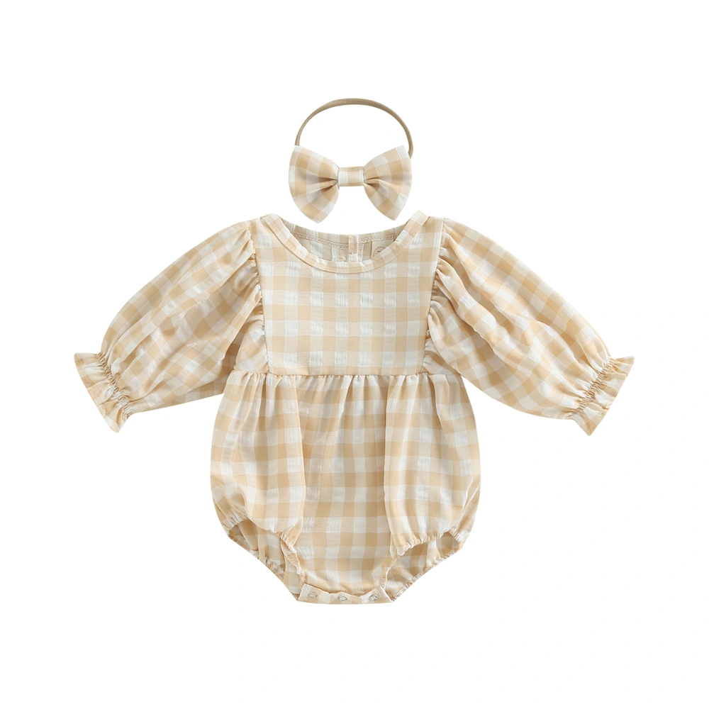 Infant Romper Plaid Round Neck Long Sleeve Jumpsuits with Headband