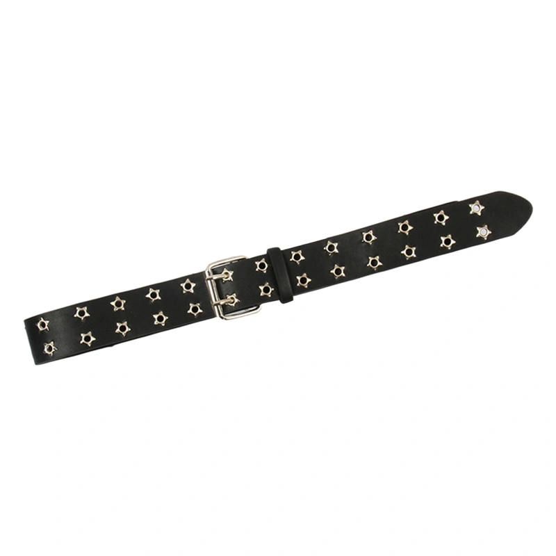 Double Grommet Leather Belts, Punk Faux Leather Star Studded Belt