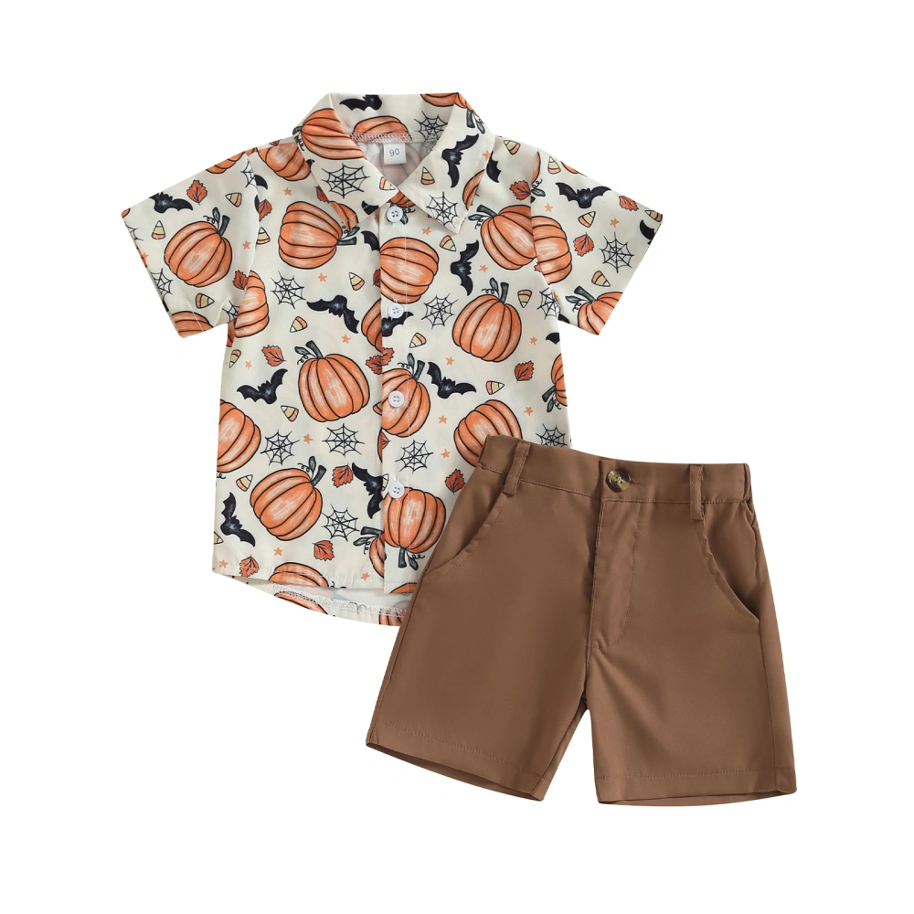 Boys Short Sleeve Pumpkin Print Shirt and Solid Color Shorts Sets