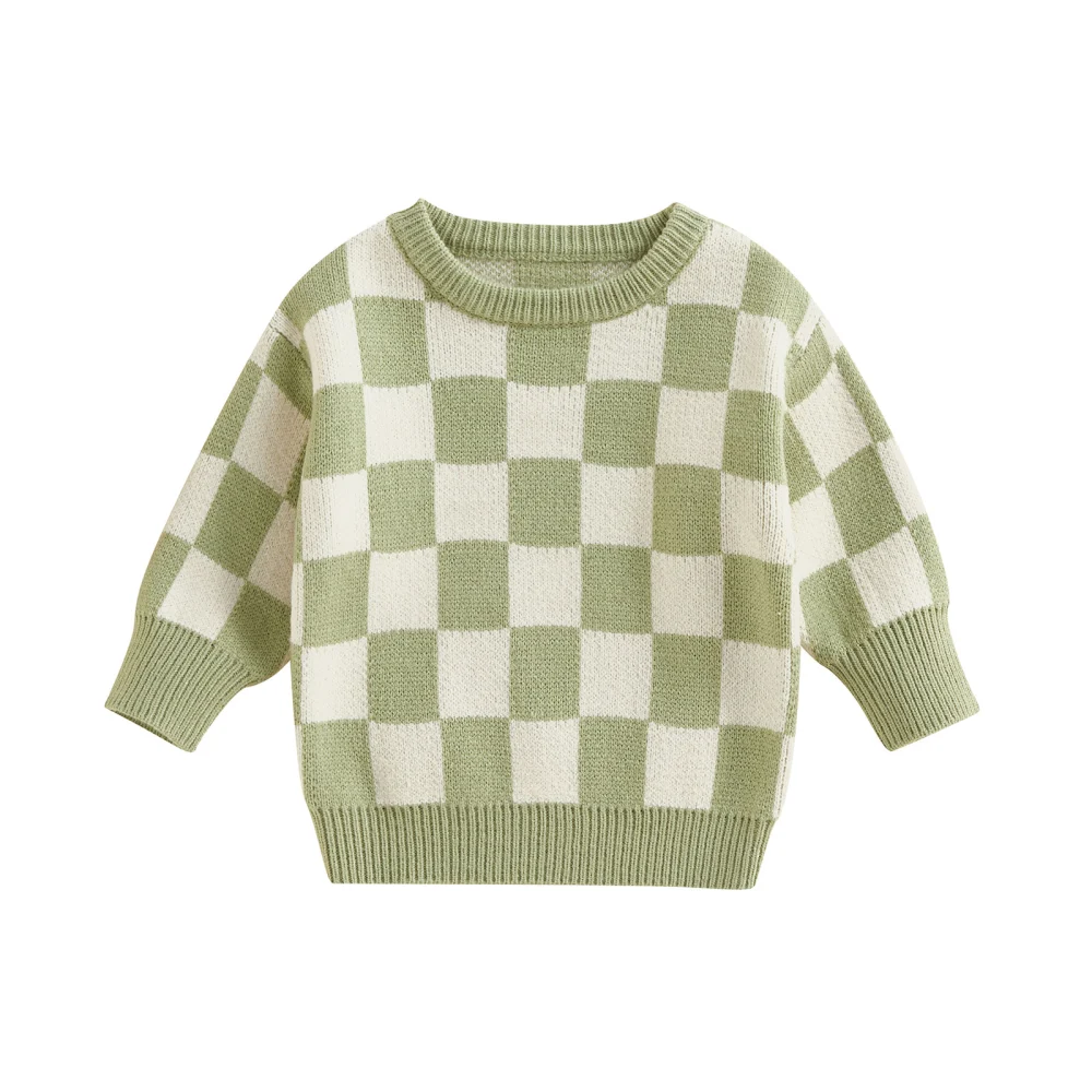 Toddler Autumn Long Sleeve O Neck Checkerboard Print Knitwear