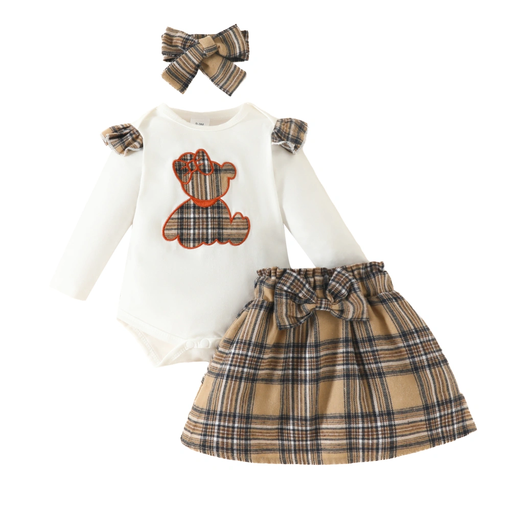 Baby Girls Long Sleeve Ruffle Romper and Plaid Skirt Headband Sets