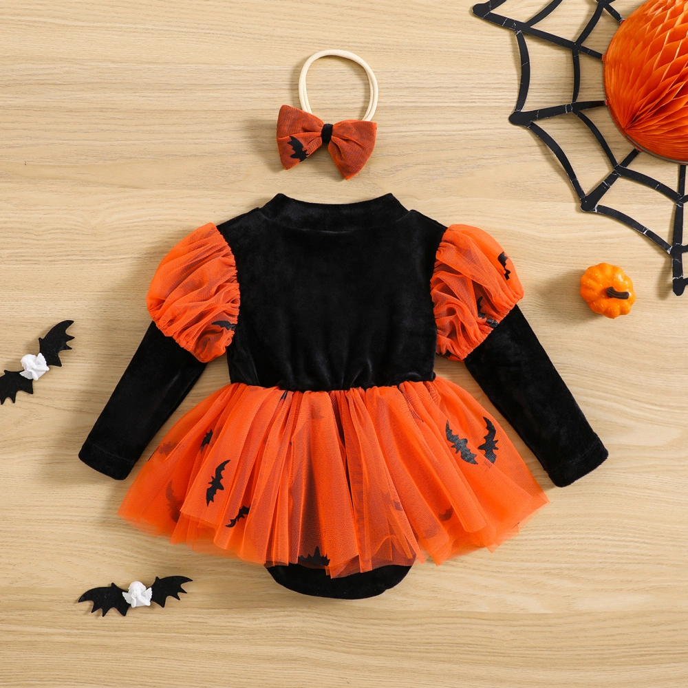 Baby Girls 2Pcs Halloween Outfits Bat Print Romper Dress with Headband