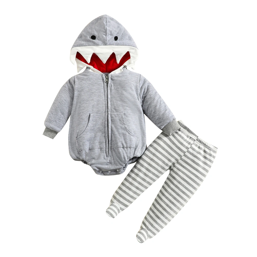 Infant Baby Shark Hooded Long Sleeve Zipper Jumpsuit + Stripe Pants