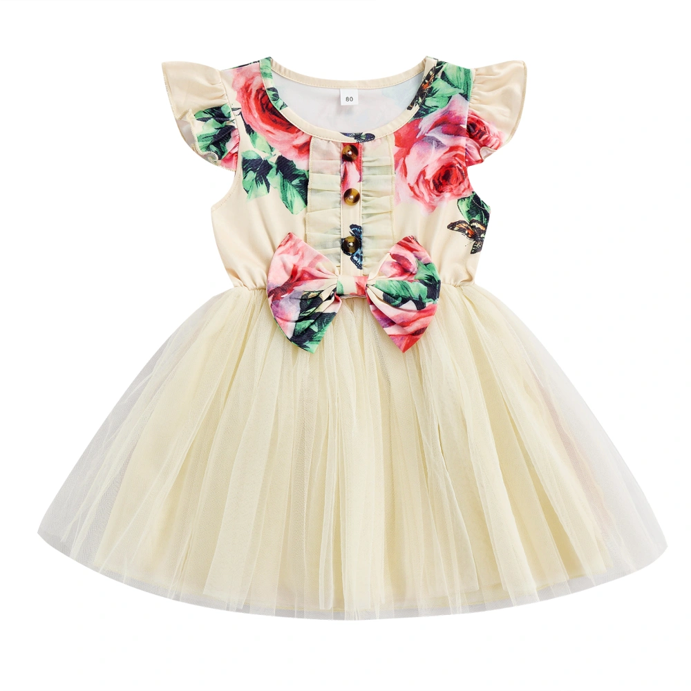 Baby Kids Girl’s Dress, Fly Sleeve Flower Print Bowknot Tulle Dress