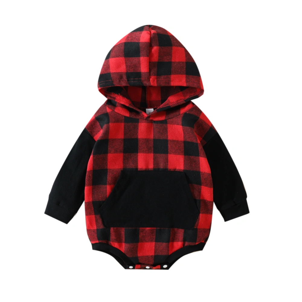 Baby Girl Boy Hooded Romper, Plaid Patchwork Long Sleeve Jumpsuit