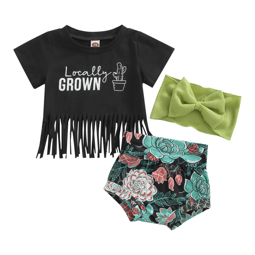 Baby Girls Shorts Set Tassels T-shirt with Flower Shorts and Hairband 