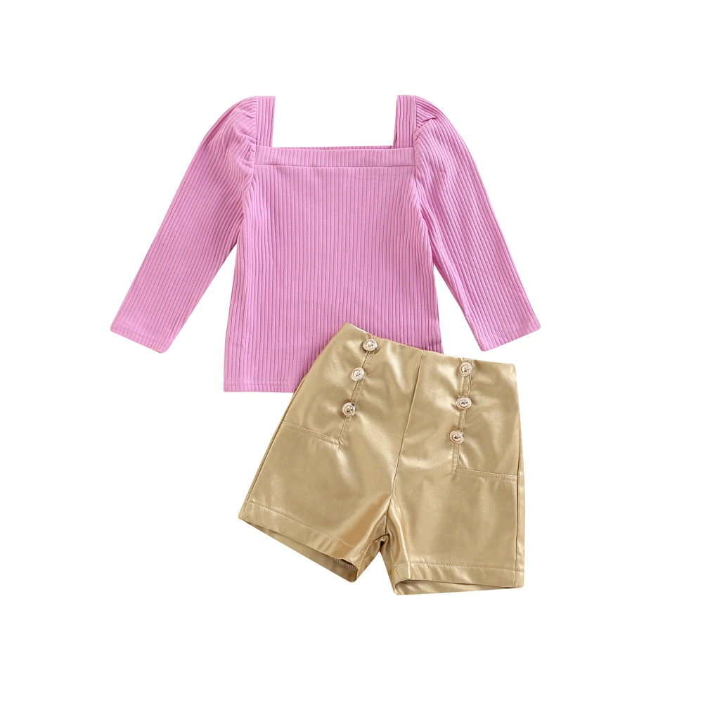 Girls 2 Pieces Outfits, Solid Color Tops + PU Leather Shorts Set