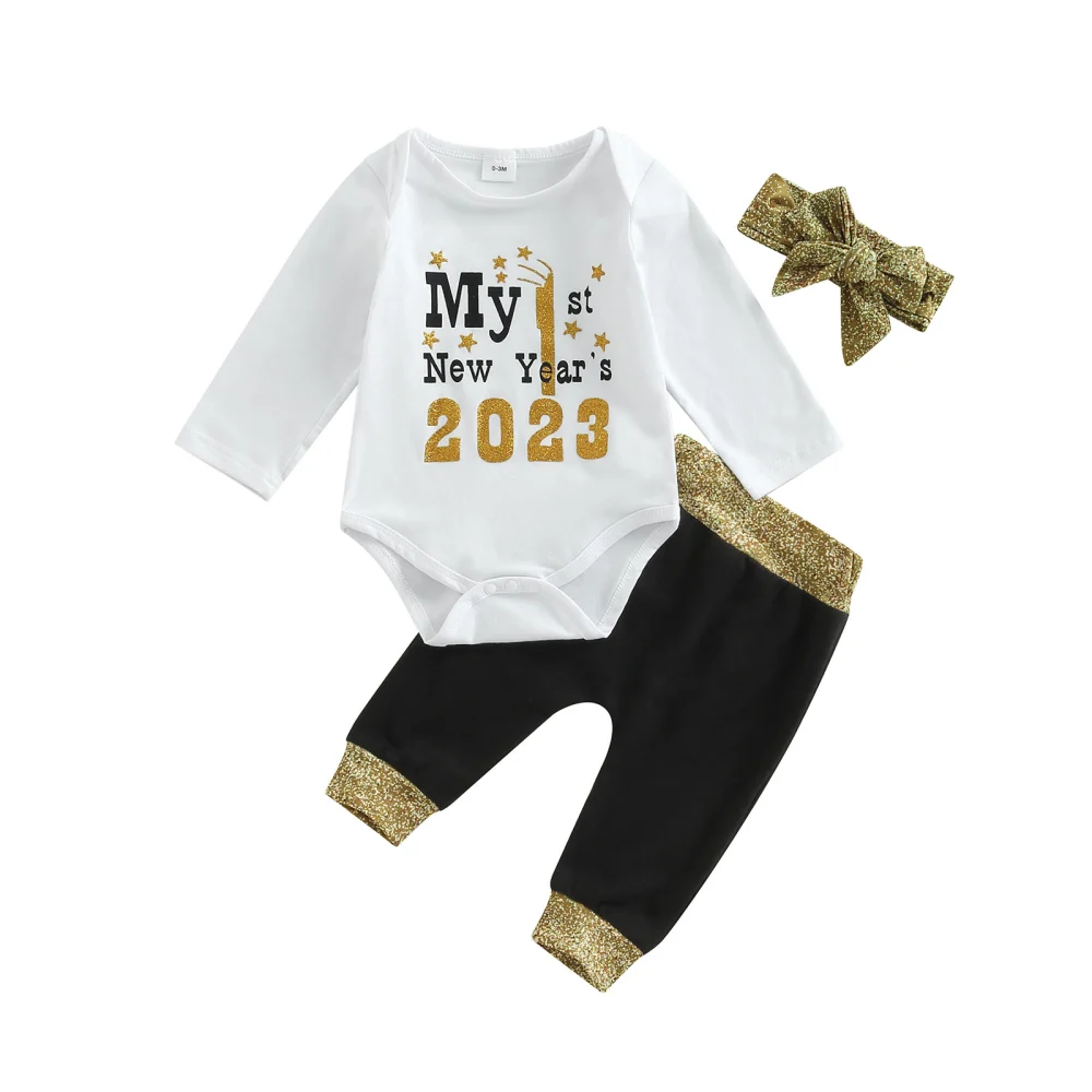 Girls White Long Sleeve Romper + Contrast Color Pants + Headband