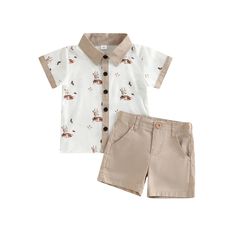 Toddler Boy Elk Print Short Sleeve Lapel Button Shirt + Solid Shorts