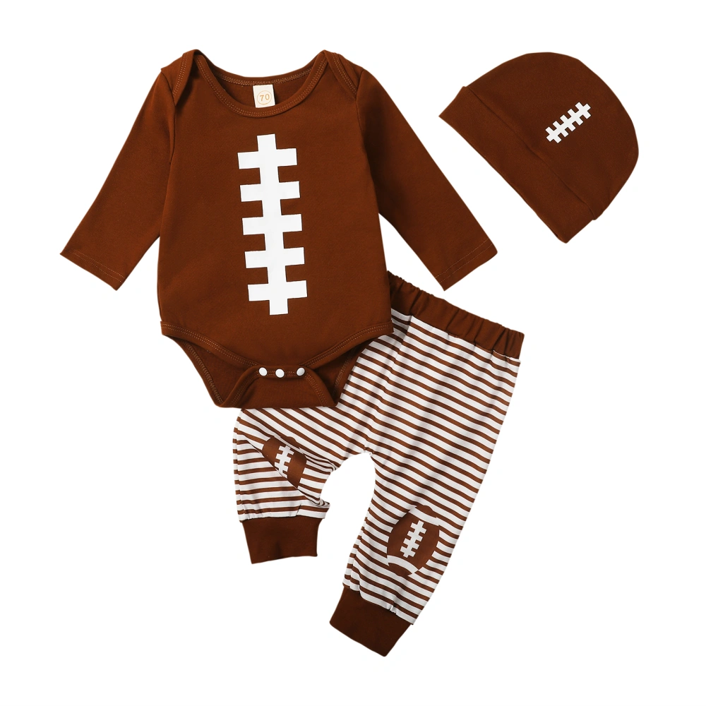 Boy 3 Piece Outfit Football Print Rompers and Striped Pants Beanie