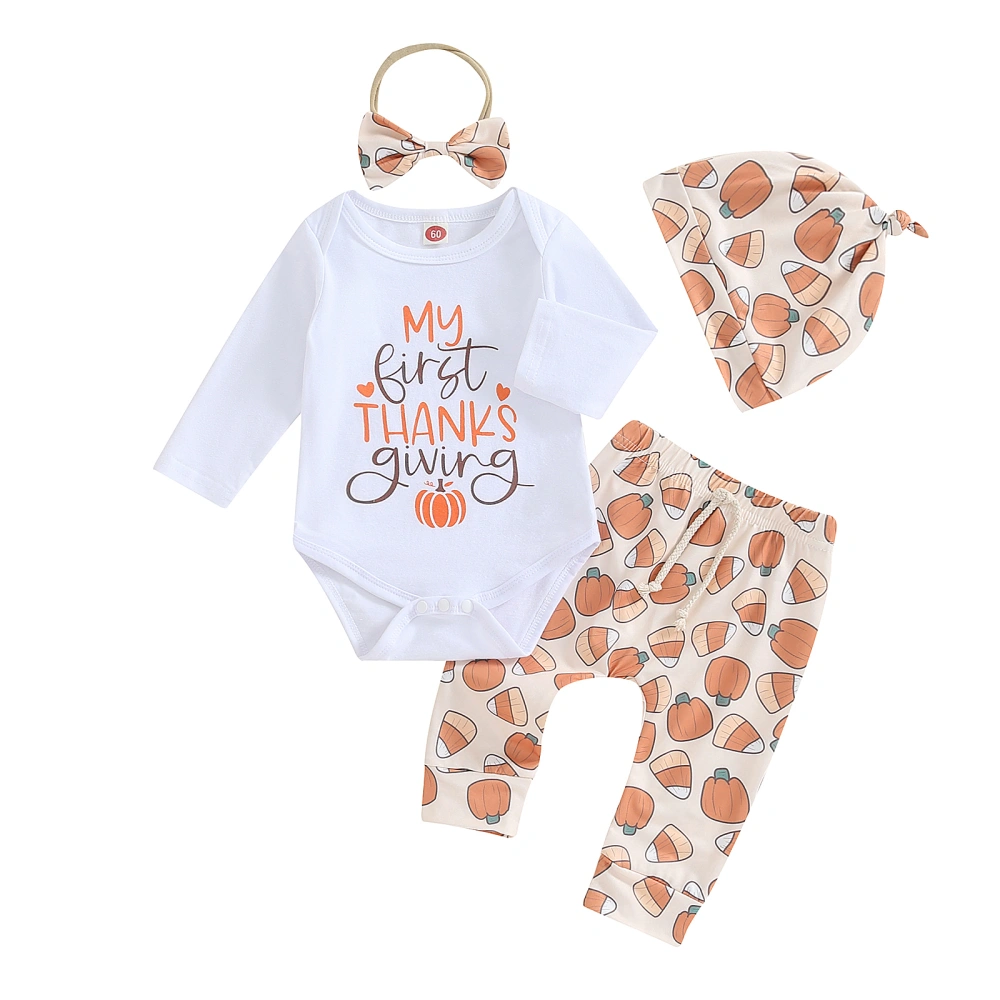 Baby Boys Girls Thanksgiving Outfits Romper+Pumpkin Pants+Headband+Hat