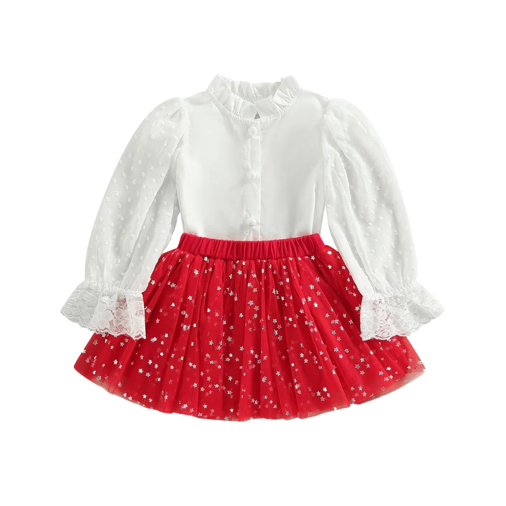 Girls 2 Pieces Outfits, Lace Mesh Puff Long Sleeve Tops + Tutu Skirt