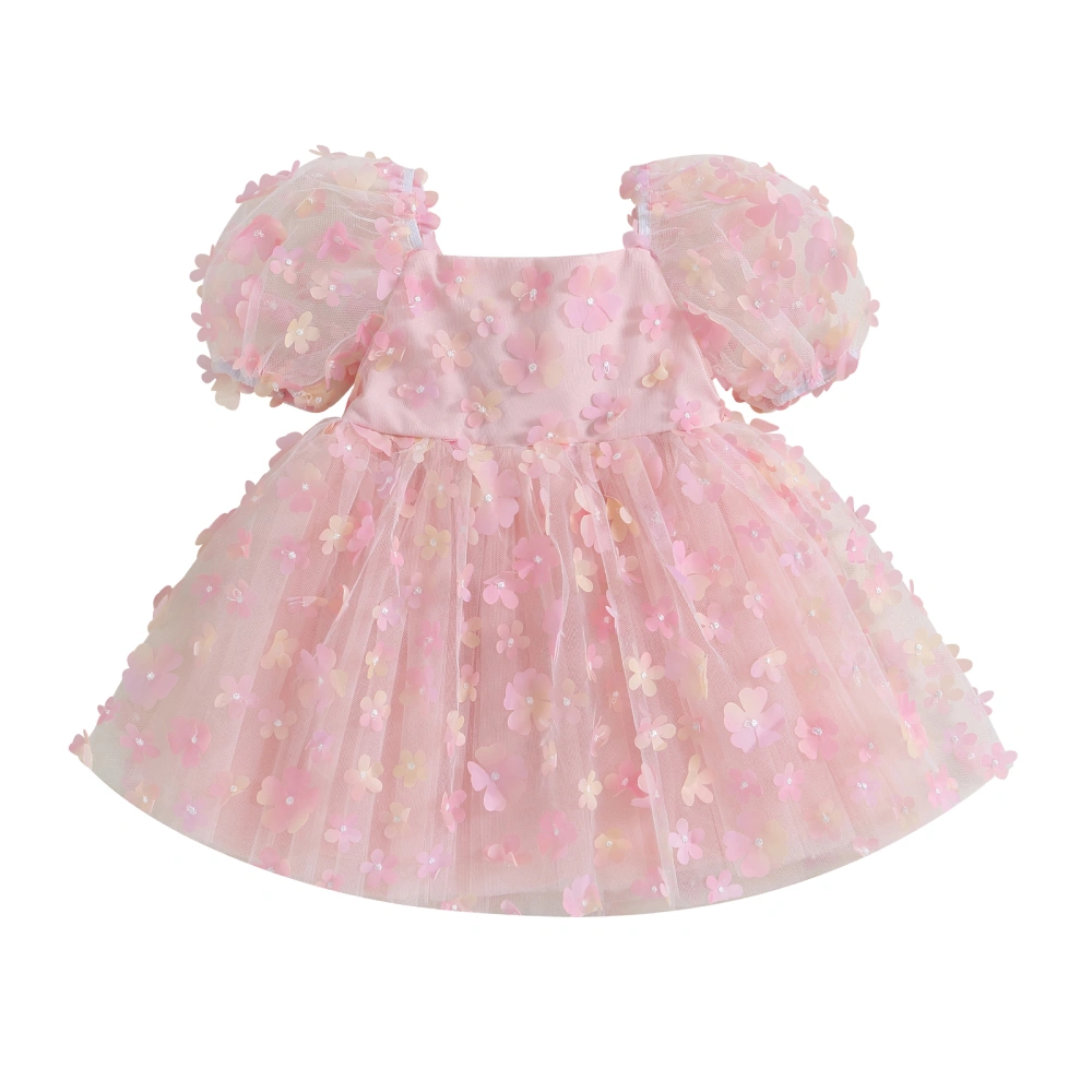 Kids Girls Dress Flower Decor Puff Sleeve Back Bowknot A-line Dress