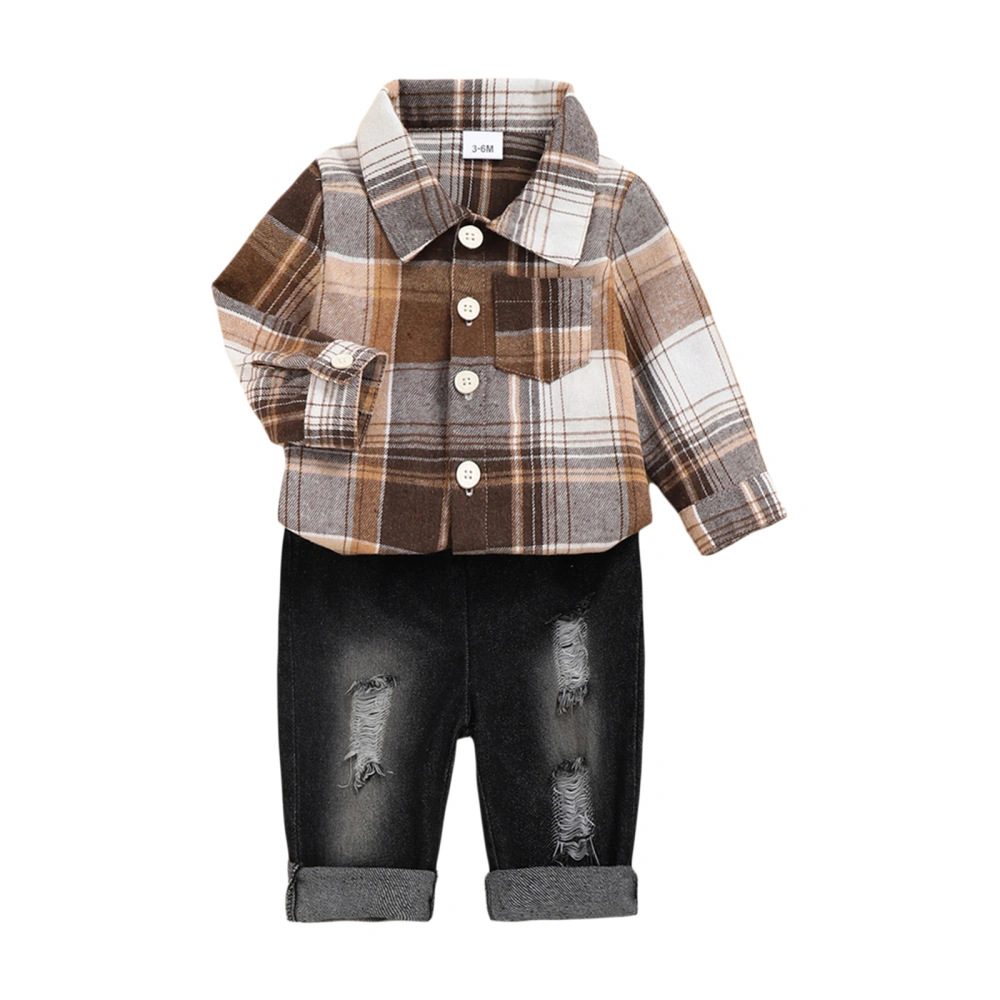 Kid Boy Lapel Neck Plaid Shirt + Street Long Denim Ripped Trousers 