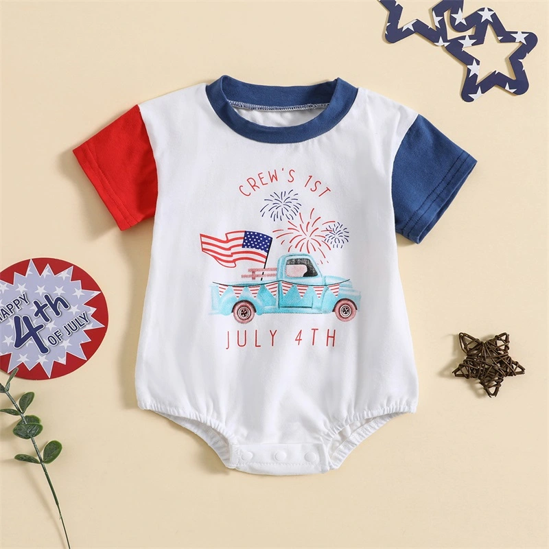 Baby Summer Romper 4th of July Car Print Short Sleeve Jumpsuit 