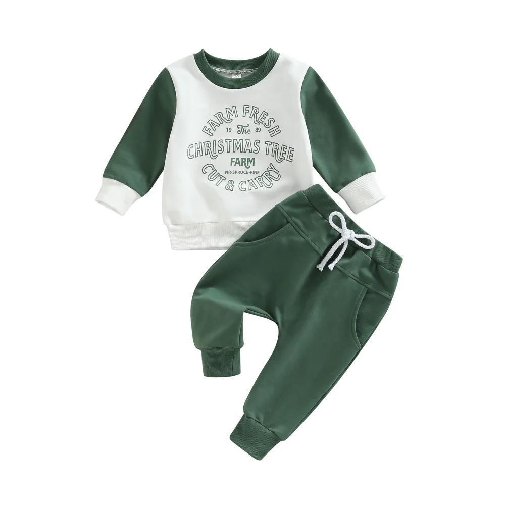 Toddler Boys Long Sleeve Contrast Color Tops + Green Drawstring Pants