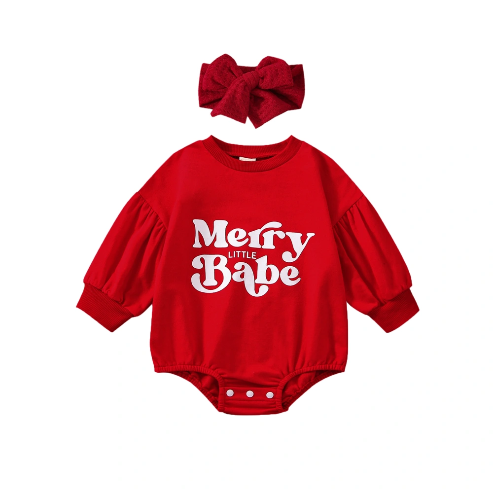 Baby Girls Christmas Romper Set, Letters Print Bodysuit + Headband