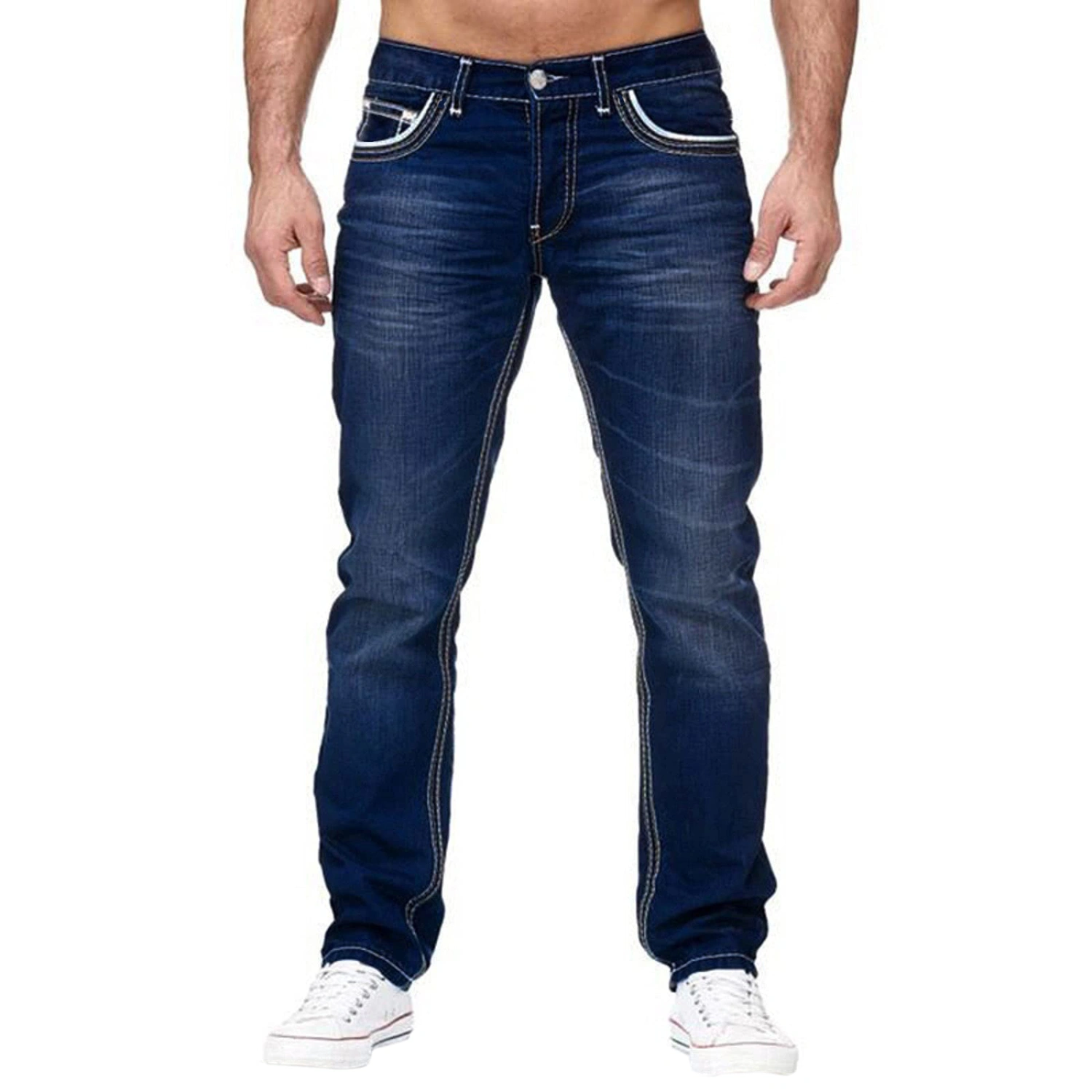 Men Breathable Long Jeans, Male Mid Waist Slim Denim Trousers